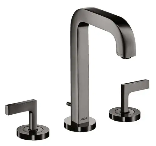 Dreiteilige Waschtischarmatur mit zwei Hebelgriffen und einem hohen, geraden Auslauf in Polished Black Chrome. Hersteller ist AXOR.